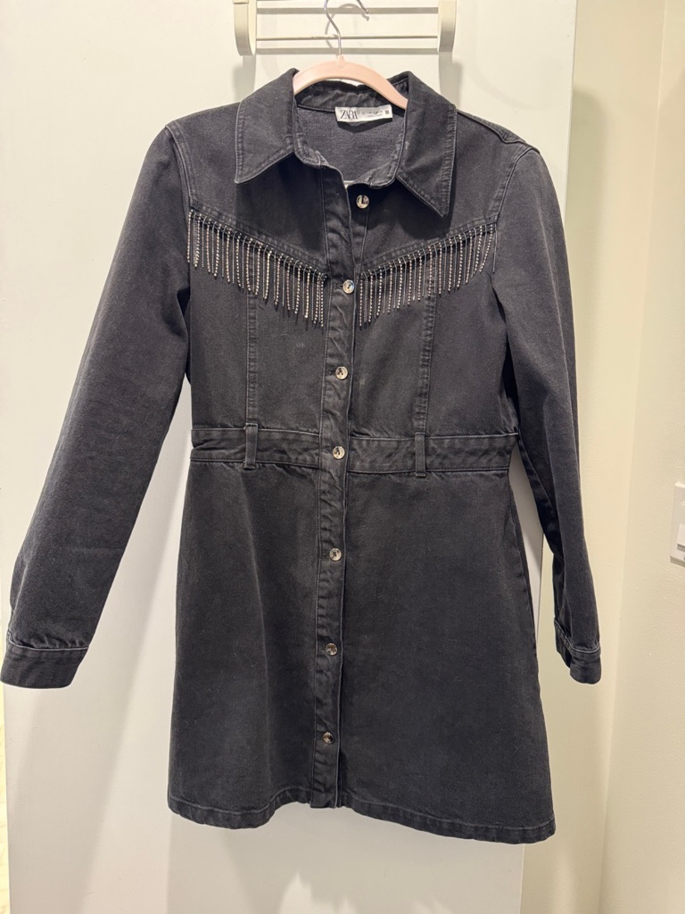 Zara Black Denim Jacket with Silver Chain Fringe